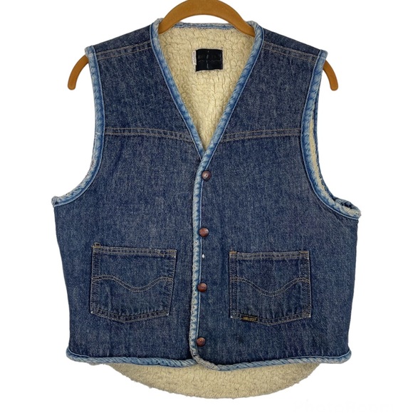Vintage 70s Sears Roebucks Western Wear Denim Vest Sherpa Lined Sz Medium - Picture 1 of 13